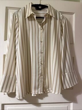 Satin Cream and Tan Striped Button-Up Blouse